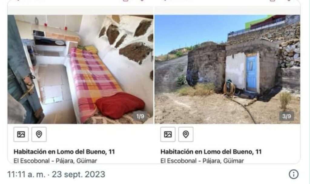La stanza che veniva affittata a Tenerife: piastrelle rialzate, un tubo per l’acqua nella porta e un piccolo letto.