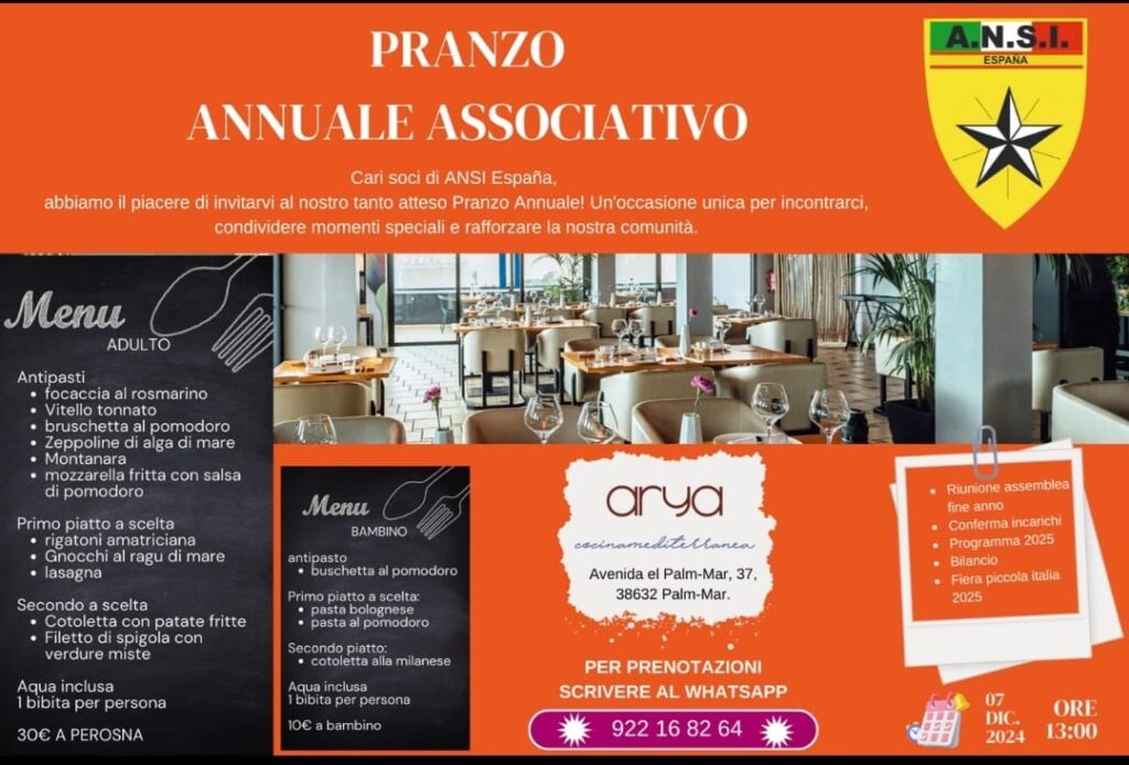 Ansi España annuncia data e menù del Pranzo Annuale Associativo di quest’anno